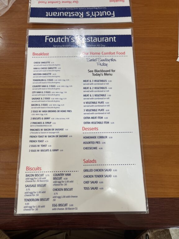 Menu at Foutch's Restaurant